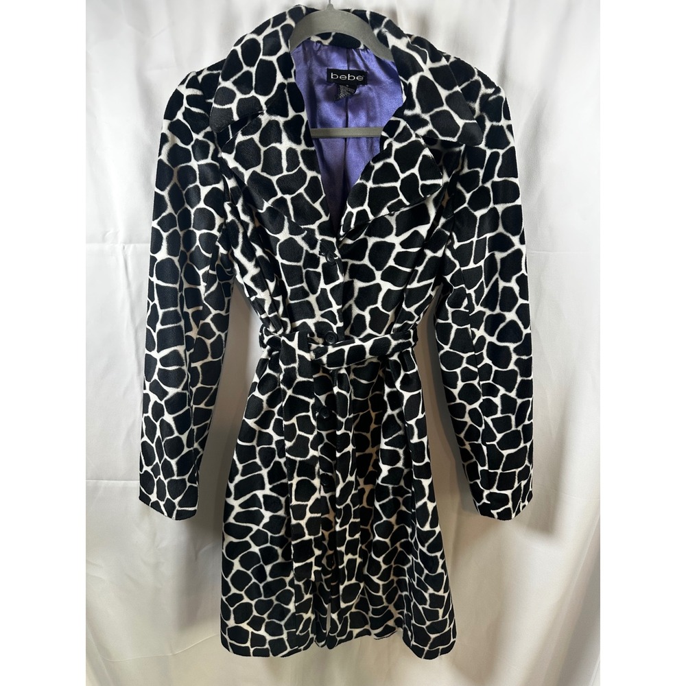Bebe Giraffe Print Faux Fur Trench Coat Black White Purple Lining Small